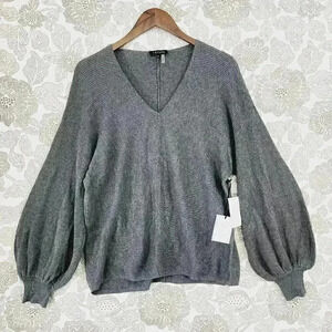 NWT 1. State V neck Balloon sleeve Knit Sweater Women's M Gray 9224